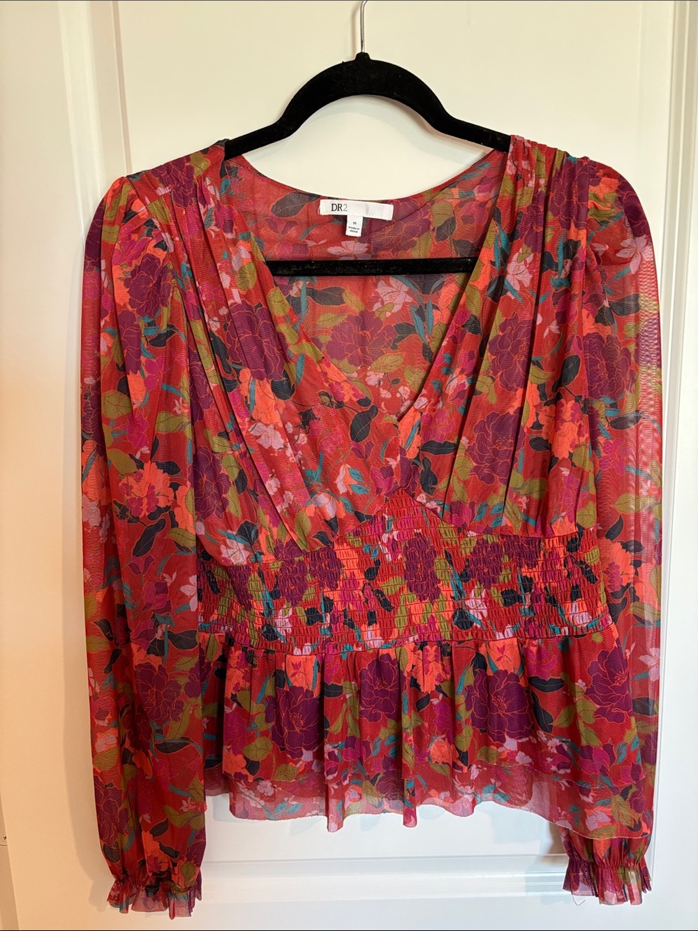 DR2 Red Pink Floral V-Neck Sheer Long Sleeve Blouse